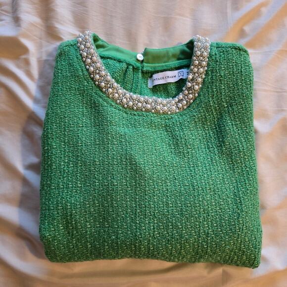 Womens bejeweled neckline jade green bubble sleeve top size medium Vintage Charm - Picture 3 of 10